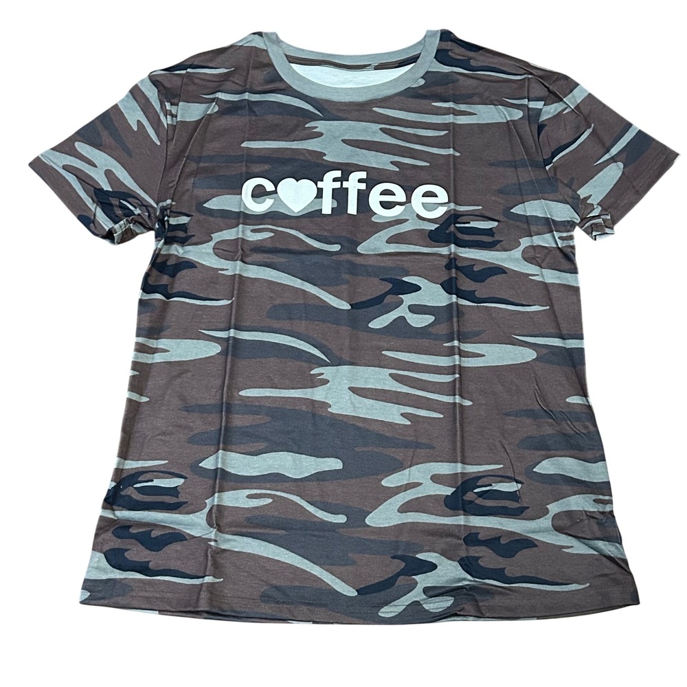 Womens Camo Coffee Heart Graphic T-Shirt Casual Short Sleeve‎ Top Large